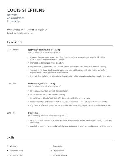 Network Administrator Internship Resume