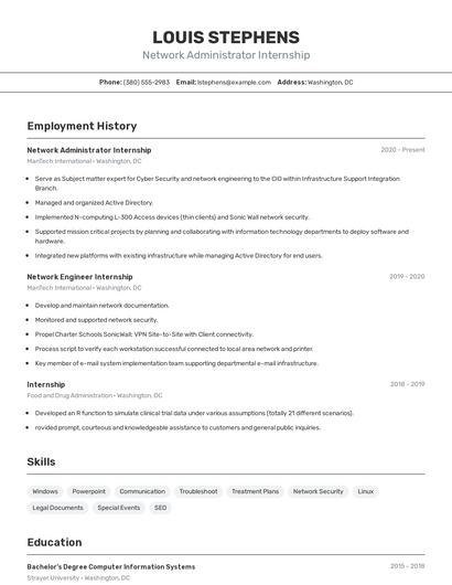 Network Administrator Internship Resume
