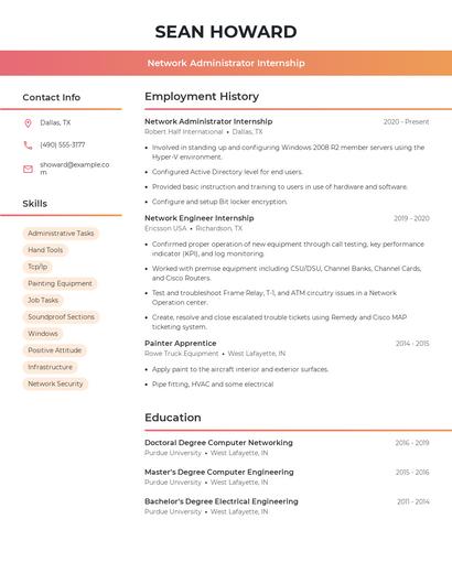 Network Administrator Internship Resume