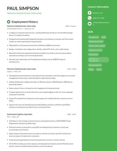 Network Administrator Internship Resume
