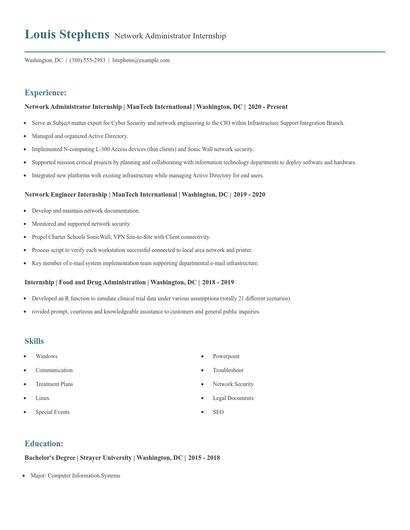 Network Administrator Internship Resume