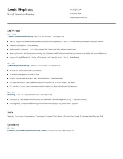 Network Administrator Internship Resume