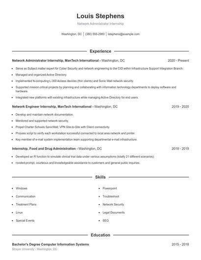 Network Administrator Internship Resume