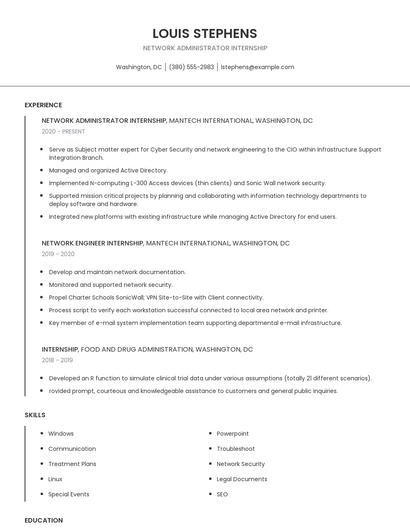 Network Administrator Internship Resume