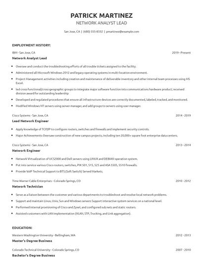Network Analyst Lead Resume