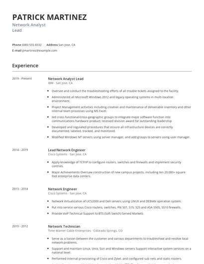 Network Analyst Lead Resume