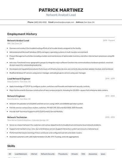 Network Analyst Lead Resume