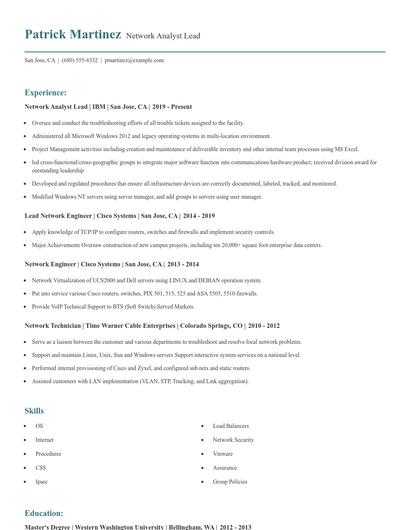 Network Analyst Lead Resume