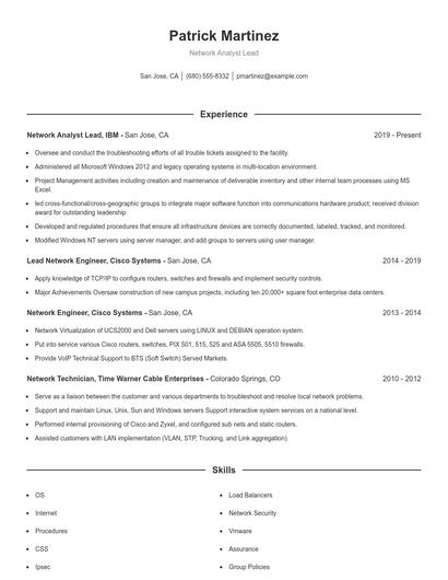 Network Analyst Lead Resume