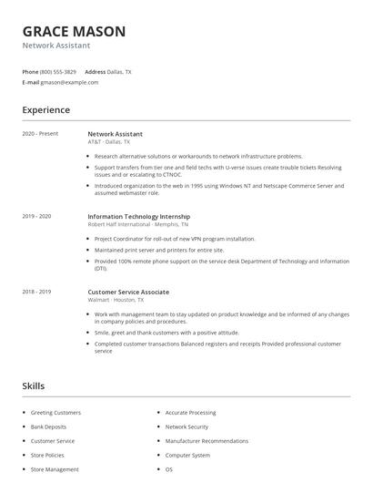 Network Assistant Resume