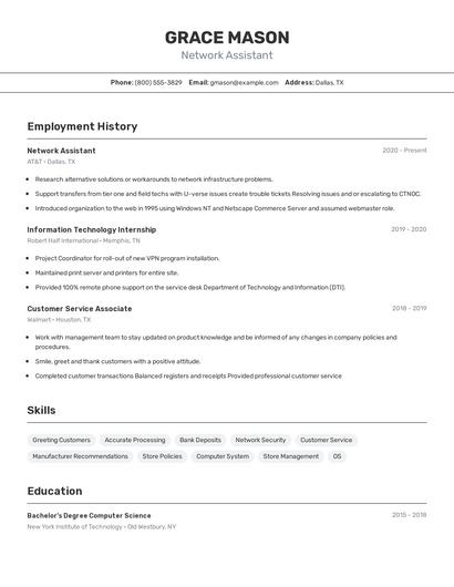 Network Assistant Resume