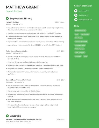 Network Assistant Resume