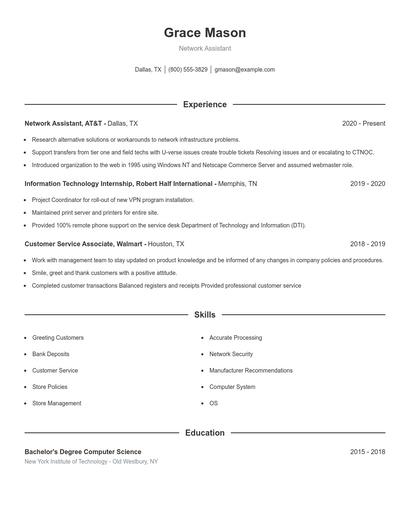 Network Assistant Resume