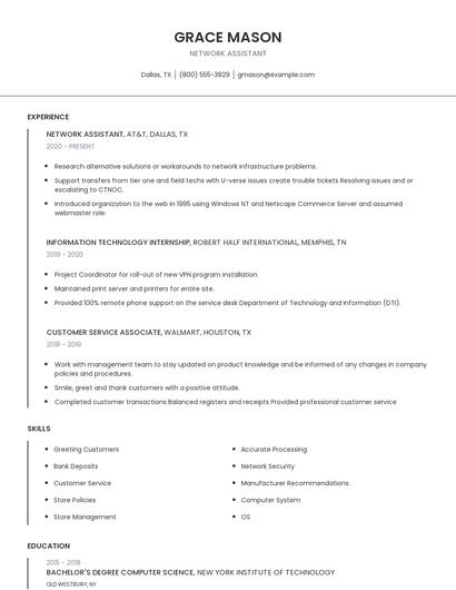 Network Assistant Resume