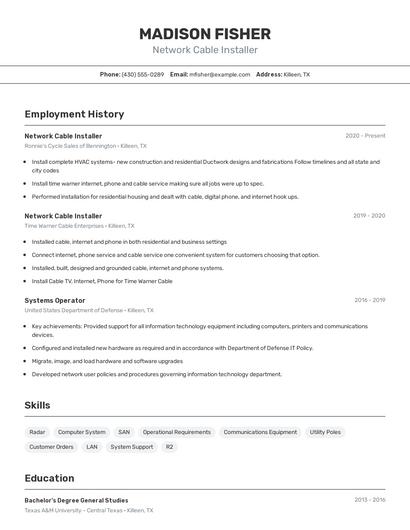 Network Cable Installer Resume