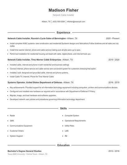 Network Cable Installer Resume