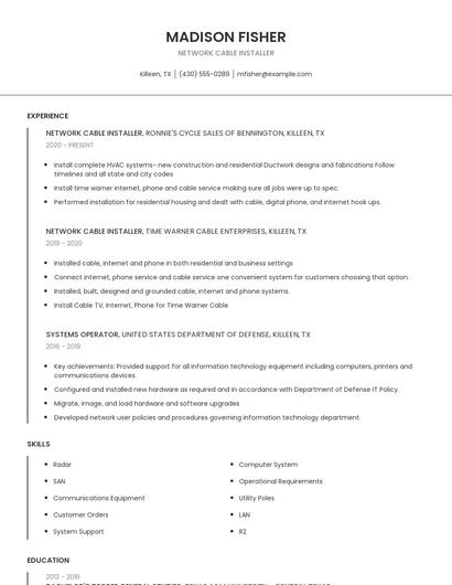 Network Cable Installer Resume