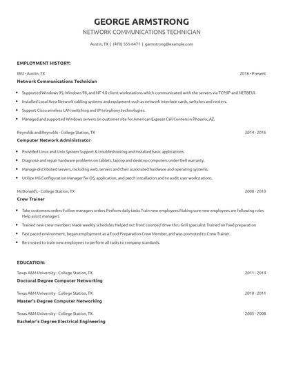 Network Communications Technician Resume