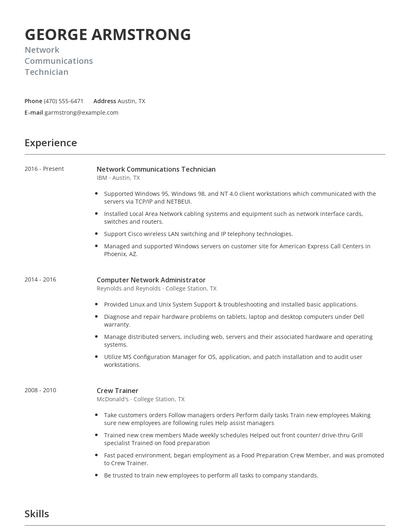 Network Communications Technician Resume