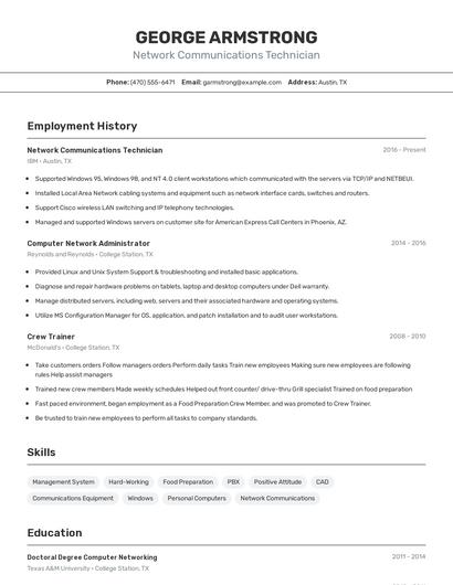 Network Communications Technician Resume
