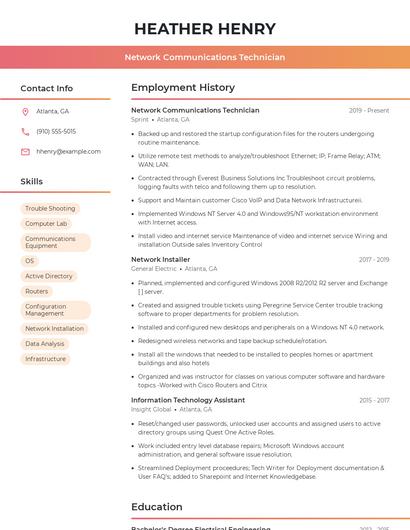 Network Communications Technician Resume