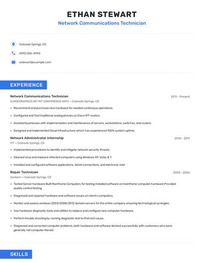Network Communications Technician Resume