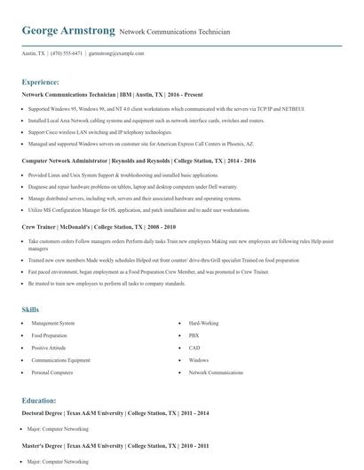 Network Communications Technician Resume