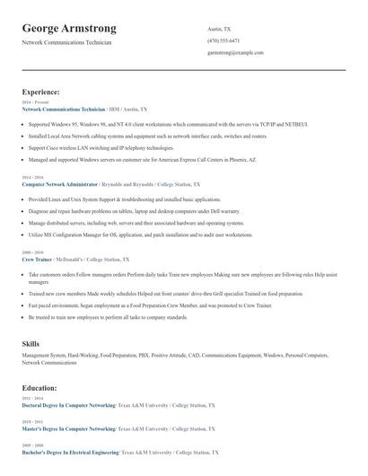 Network Communications Technician Resume