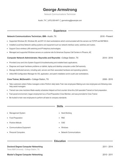 Network Communications Technician Resume