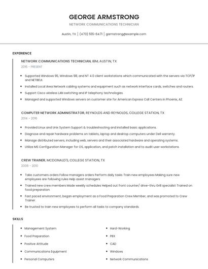 Network Communications Technician Resume