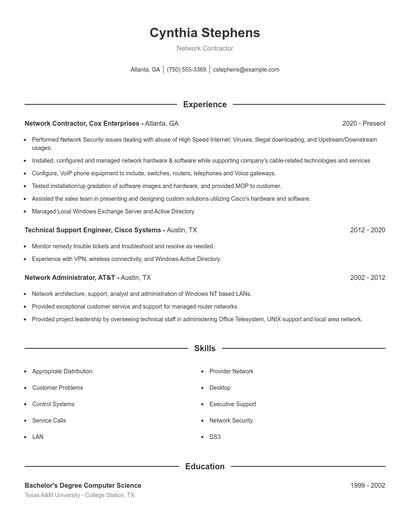 Network Contractor Resume