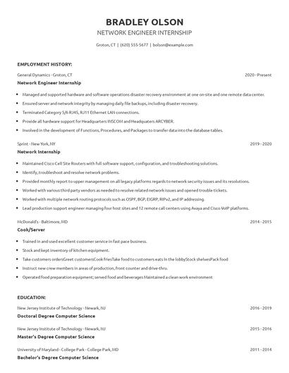 Network Engineer Internship Resume