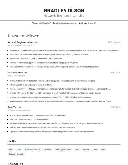 Network Engineer Internship Resume