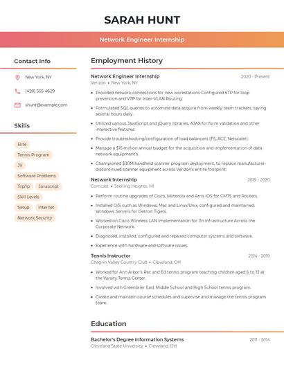 Network Engineer Internship Resume