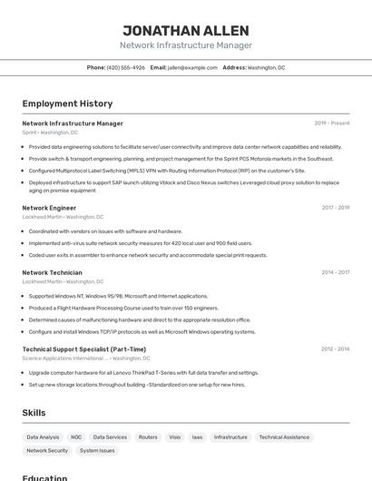 Network Infrastructure Manager Resume