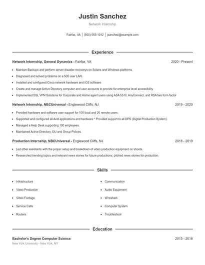Network Internship Resume