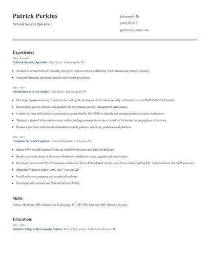 Network Security Specialist Resume