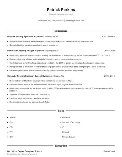 Network Security Specialist Resume