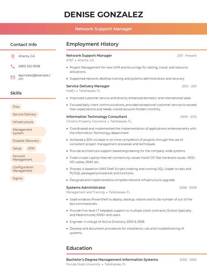 Network Support Manager Resume