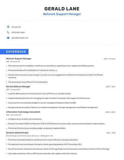 Network Support Manager Resume