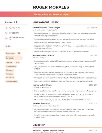 Network Support Senior Analyst Resume
