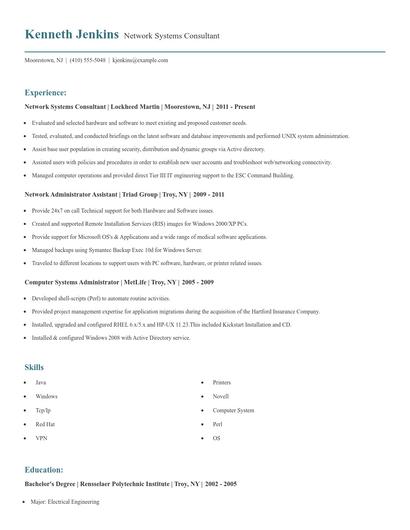 Network Systems Consultant Resume