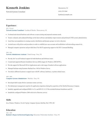 Network Systems Consultant Resume