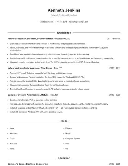 Network Systems Consultant Resume