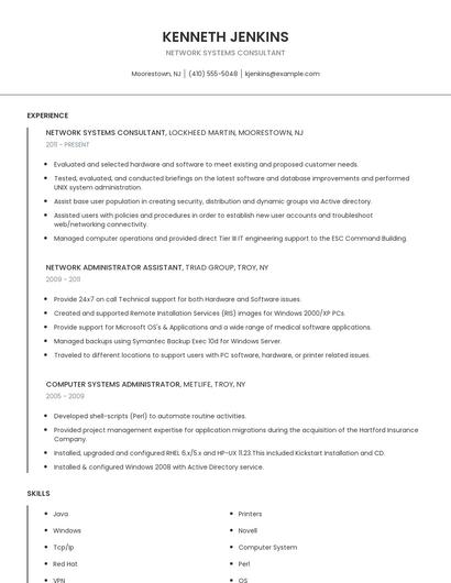 Network Systems Consultant Resume