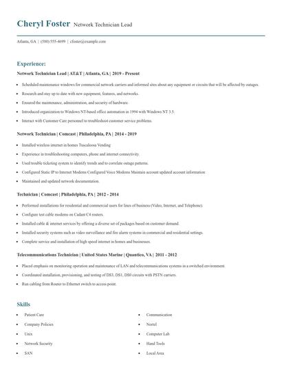 Network Technician Lead Resume