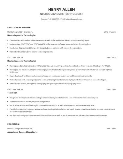 Neurodiagnostic Technologist Resume