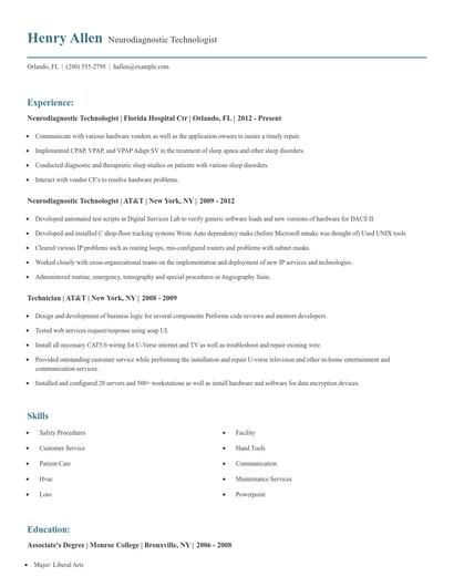 Neurodiagnostic Technologist Resume