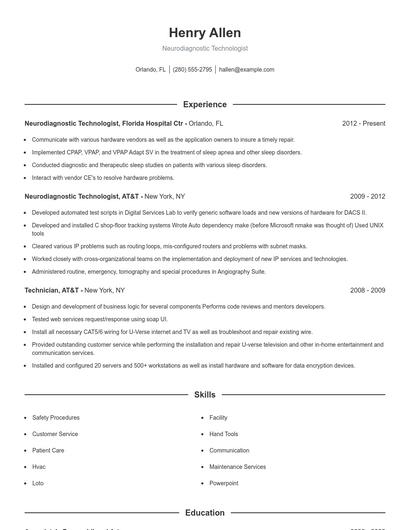 Neurodiagnostic Technologist Resume