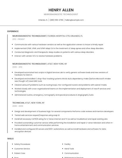 Neurodiagnostic Technologist Resume